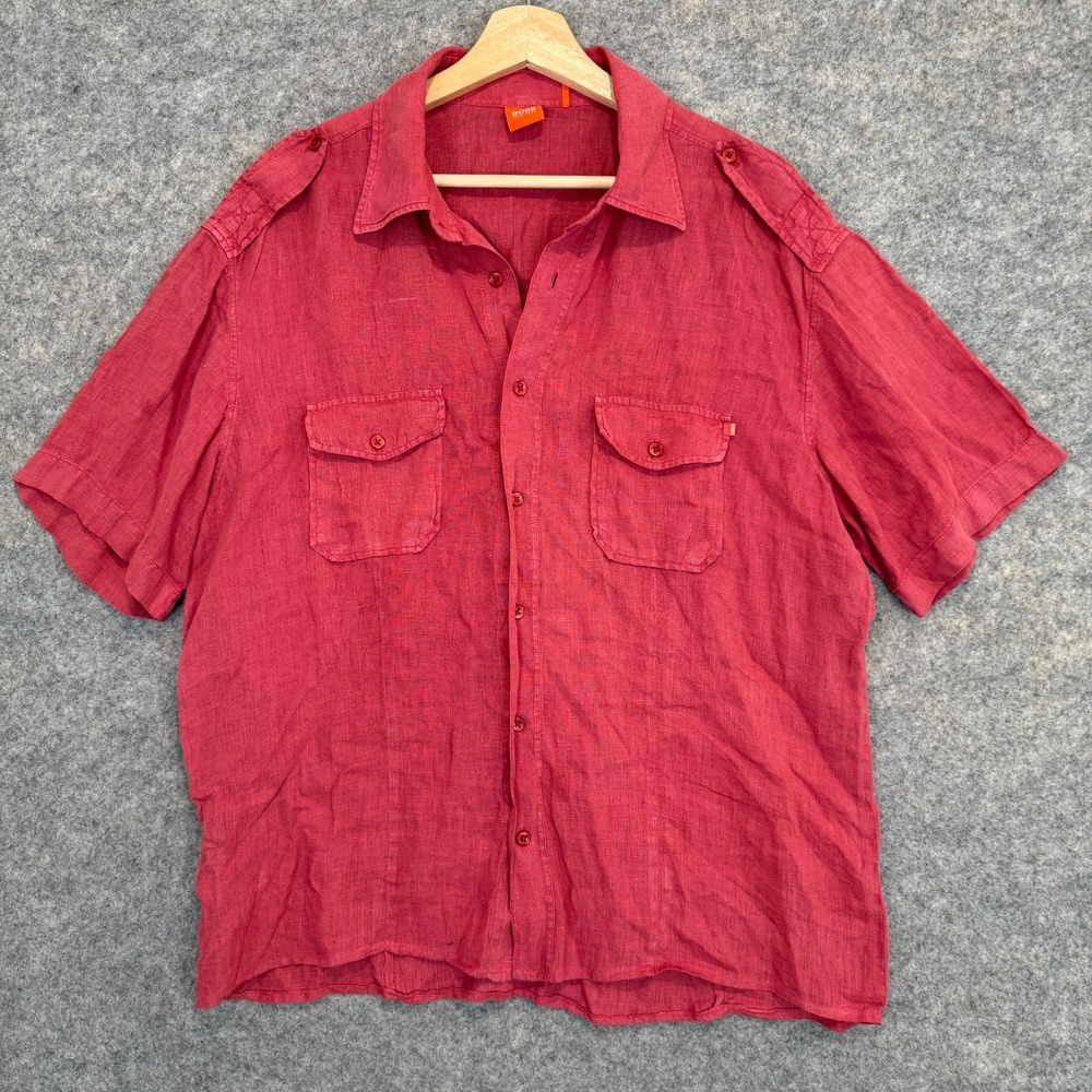 Hugo Boss 100% Linen Button Shirt Mens XL Double‎ Pockets ShoulderTab Red Tee